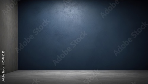 Empty dark blue abstract cement wall and studio room with smoke float up the interior texture for display products wall background