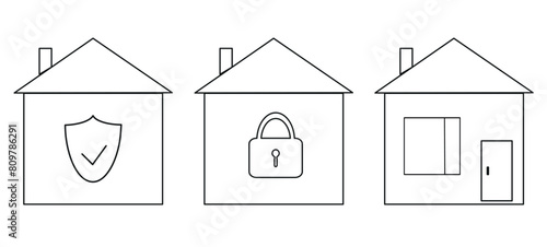 
set of icons of the house, house, house under protection, house on lock, security, property, cottage, real estate, contour symbols of the house, flat vector illustration, logo