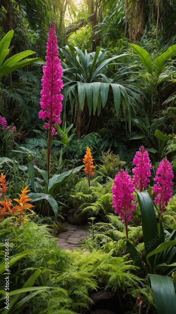 Fototapeta premium Vibrant flowers bloom amidst lush green forest, casting enchanting spell of natural beauty. Towering pink flowers stand as sentinels, surrounded by intricate dance of orange blossoms, verdant foliage.