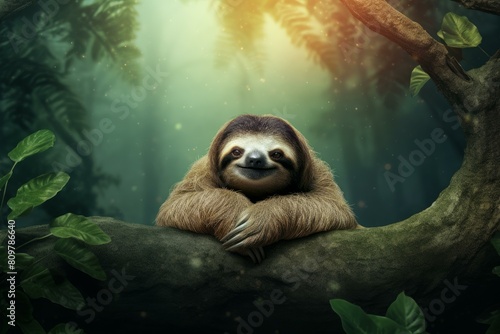 Fluffy Sloth animal funny. Face wild smile. Generate Ai