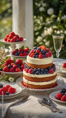 Sumptuous three-tiered cake  adorned with assortment of fresh berries  basks in soft glow of natural light. Cake  featuring layers of golden-brown sponge  creamy white frosting.
