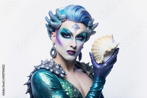 Drag Queen con un traje de sirena azul irisado y con un tocado de piedras y conchas marinas. Drag Queen hombre sobre fondo azul claro. photo