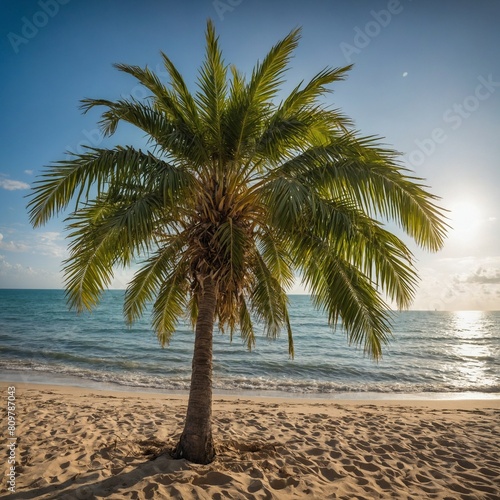 Lone palm tree stands prominently against backdrop of serene beach  calm sea under clear sky. Golden sands  imprinted with subtle footprints  stretch out to meet gentle waves. Sky.