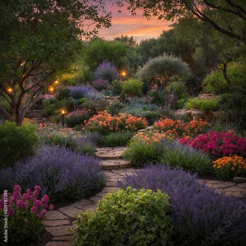 Lush garden bathes in soft glow of twilight, showcasing vibrant display of various flowers, plants. Stone path meanders through blossoming flora, leading eye to explore diverse textures, colors.