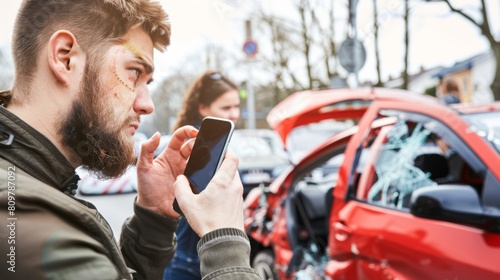 Young man using smartphone at scene of car accident with visible damage and emergency services in the background.