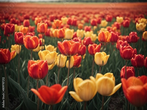 A meadow of tulips yellow and red tulip flower field