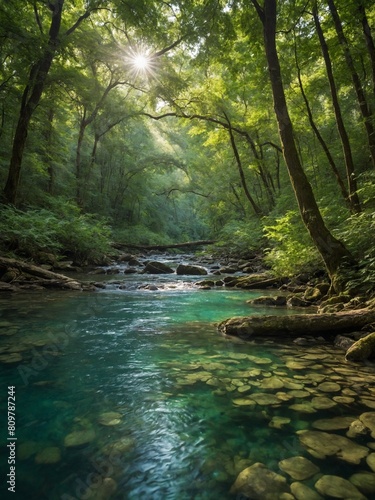 Sunlight pierces through lush green canopy, casting magical glow upon serene forest stream. Clear waters, revealing smooth stones beneath.