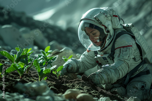 Female astronaut in a space suit kneeling beside a plant in the lunar soil  tending to its growth in the extraterrestrial environment