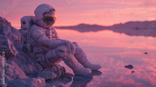 Astronaut sitting on alien planet terrain during golden hour, contemplating the horizon with a thoughtful pose under a pink sky.