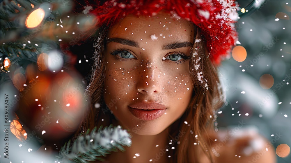 The concept of Christmas and New Year holidays. White woman wearing a red Christmas hat. Golden skin. A smile. A positive body. Christmas and New Year decoration. Generative AI. The concept of Christmas and New Year holidays. White woman wearing a red Christmas hat. Golden skin. A smile. A positive body. Christmas and New Year decoration. Generative AI.