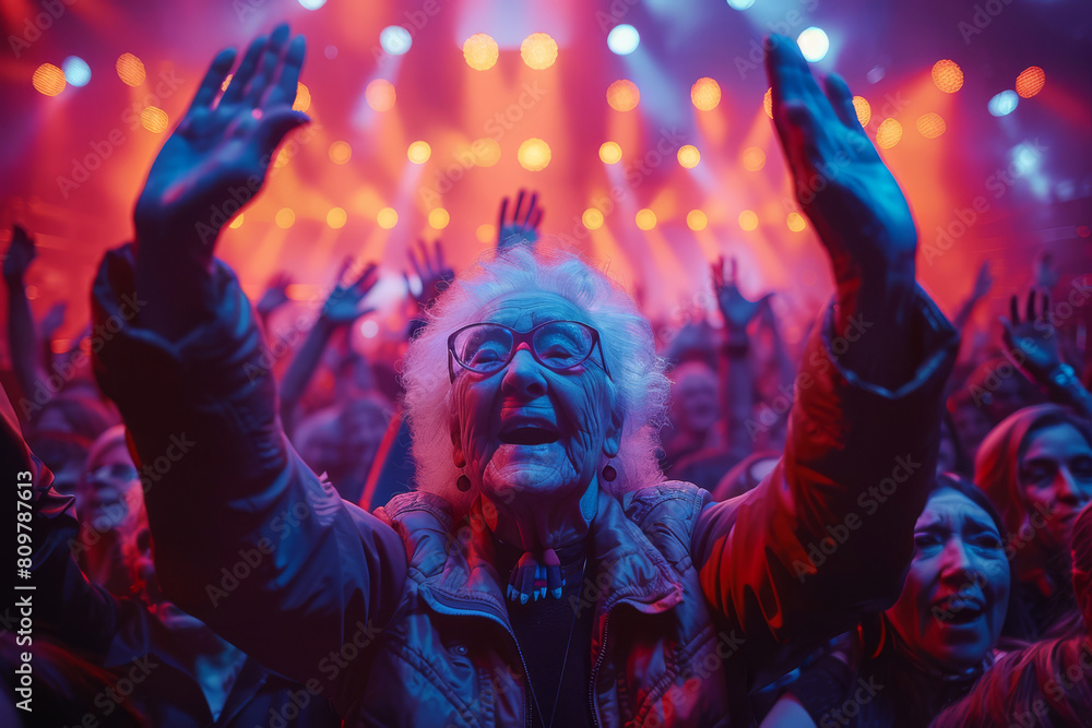 Fototapeta premium Older woman filled with happiness, raises her arms as she sways gracefully to the beats amidst the vibrant energy of a live concert