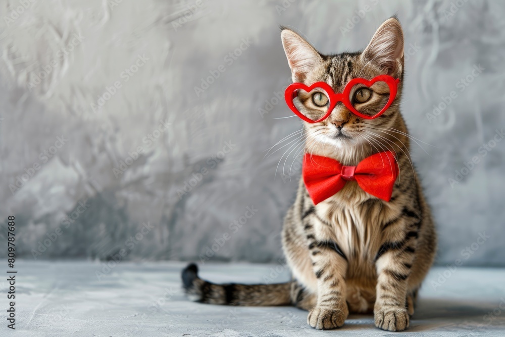 Adorable cute cat wearing red heart-shaped glasses and bow tie sitting on gray background and looking at the camera. Valentine's day greeting card with beautiful pets. Copy space with generative ai Adorable cute cat wearing red heart-shaped glasses and bow tie sitting on gray background and looking at the camera. Valentine's day greeting card with beautiful pets. Copy space with generative ai