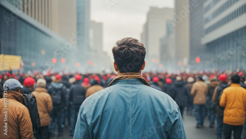 A man following a crowd of people in the middle of a protest in a city. Social demonstration.