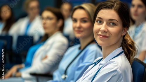 Group of medical professionals in a seminar, focused and attentive, with a female doctor smiling confidently at the camera.