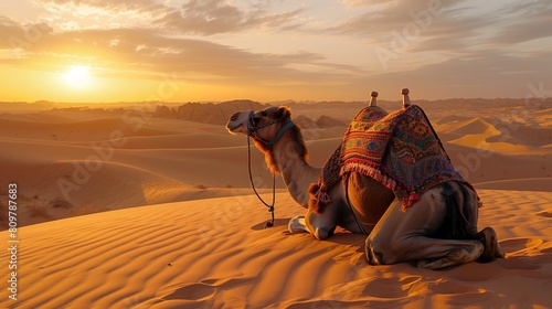 the serene beauty of a camel kneeling in a vast golden desert, its profile elegantly outlined against the yellow-toned sands.