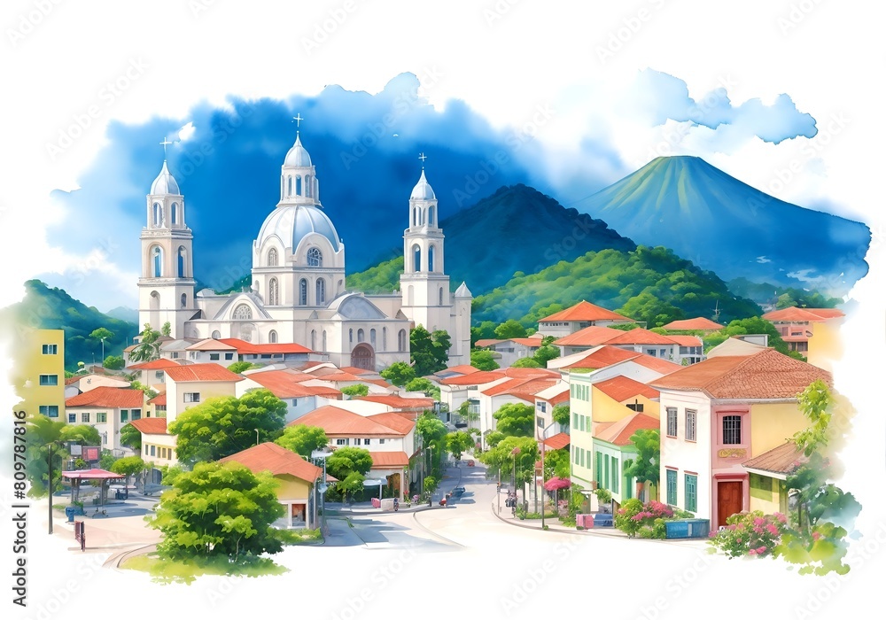 Fototapeta premium Honduras Country Landscape Watercolor Illustration Art