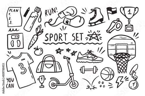 Sport elements doodle. Funny hand drawn Cute cartoon black and white collection.