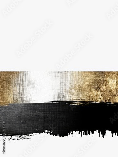 A black and gold painting hangs on a white wall, creating a striking contrast in a modern interior setting
