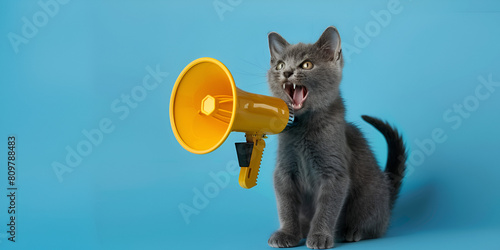Cat shouting through a megaphone holding a yellow loudspeaker announcing Notifying warning announcement Successful advertising and management concept attention on blue background