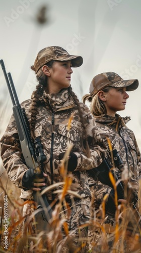 Two women in camouflage clothing stand in a field holding guns