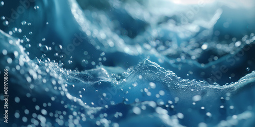 Detailed close-up of water bubbles and motion and crystal clear ocean waves photo