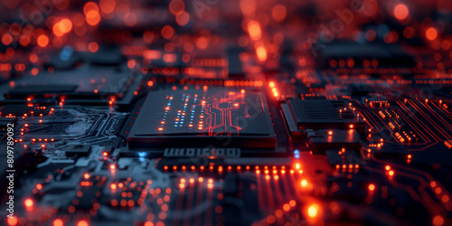 Red-lit circuit board with integrated chips and connectors. Next-Generation technology photo