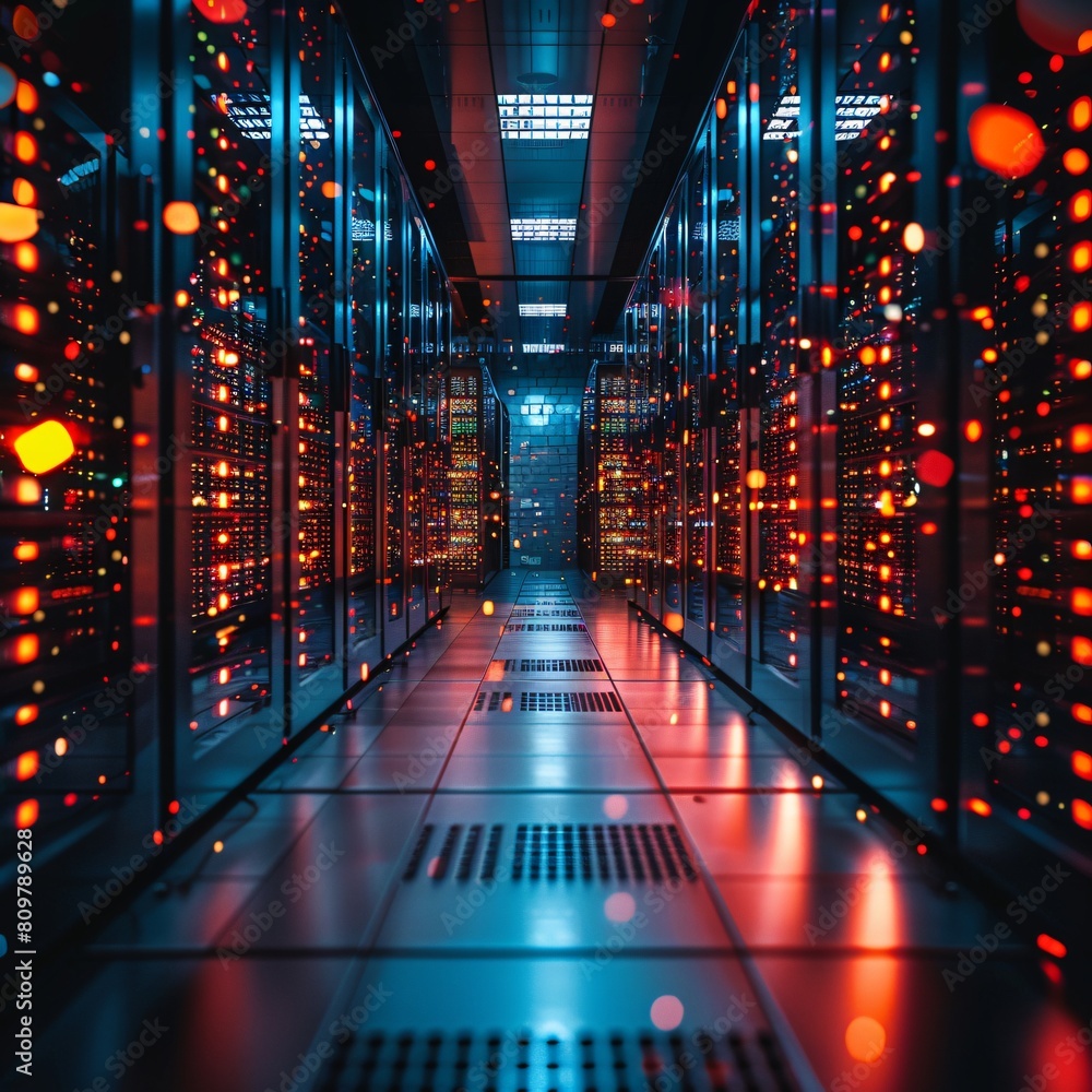 A high-tech data center, with rows of glowing servers: Building the Foundations for Future Data Services.