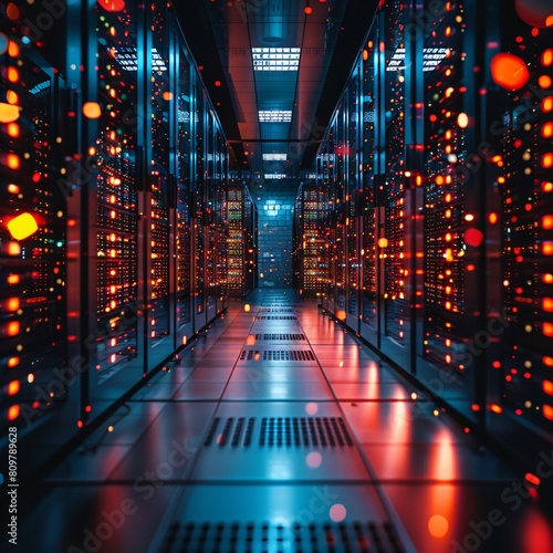 A high-tech data center  with rows of glowing servers  Building the Foundations for Future Data Services.