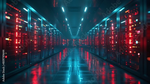 A high-tech data center, with rows of glowing servers: Centralized Compute Functions for Enhanced Data Processing. © Tackey
