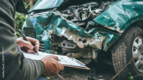 An insurance adjuster taking notes next to a heavily damaged car after an accident for claims assessment and documentation purposes. photo