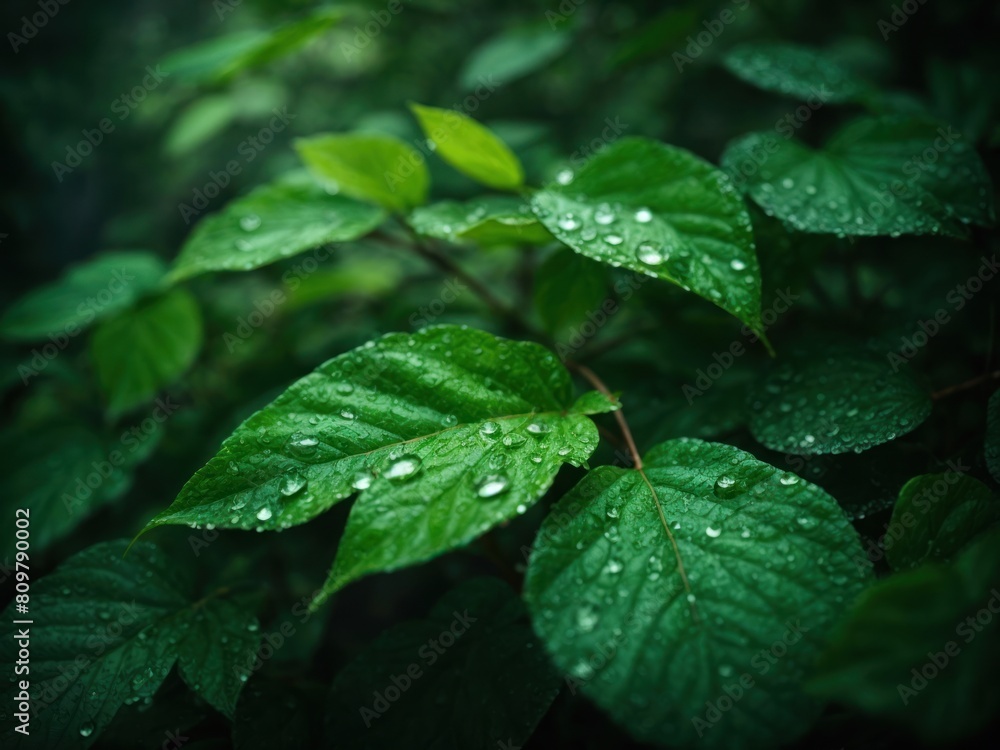 A moody photo of green leafs with water drops A moody photo of green leafs with water drops