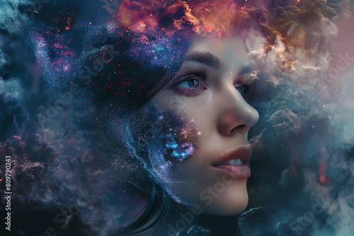 magic of the mind, Behold a stunning fantasy abstract portrait where the ethereal beauty of a woman intertwines with a mesmerizing display