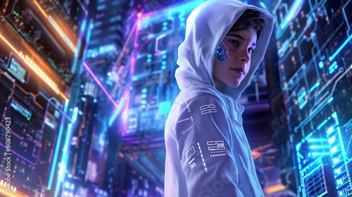 illustration for a children's book, The main character is honoring hacker culture and protecting his identity by donning a white hoodie. photo