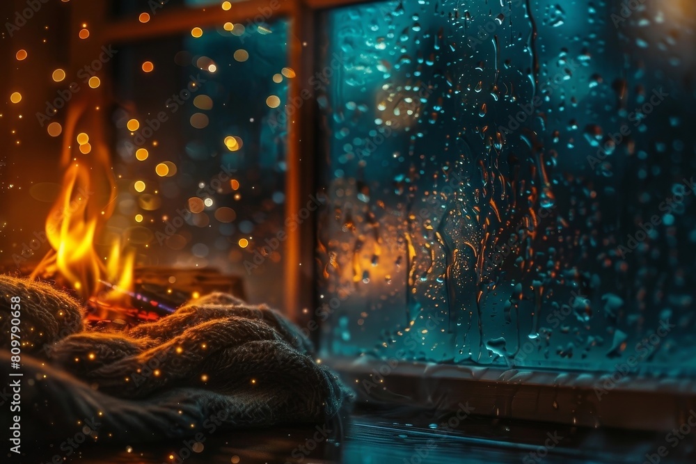 Crackling Fireplace and Rainy Window Scene in Cozy Indoor Setting Crackling Fireplace and Rainy Window Scene in Cozy Indoor Setting