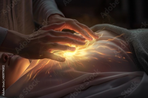 Glowing energy emanating from Reiki energy healing session with hands of healer photo