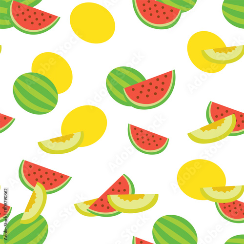 Fototapeta Naklejka Na Ścianę i Meble -  color isolated seamless pattern watermelon and melon in flat shape style in vector. template for backdrop textile wallpaper wrapping background print decor design