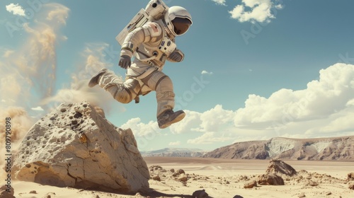 Astronaut leaping over a rocky surface with a clear blue sky in a barren desert landscape suggesting another planet exploration. photo
