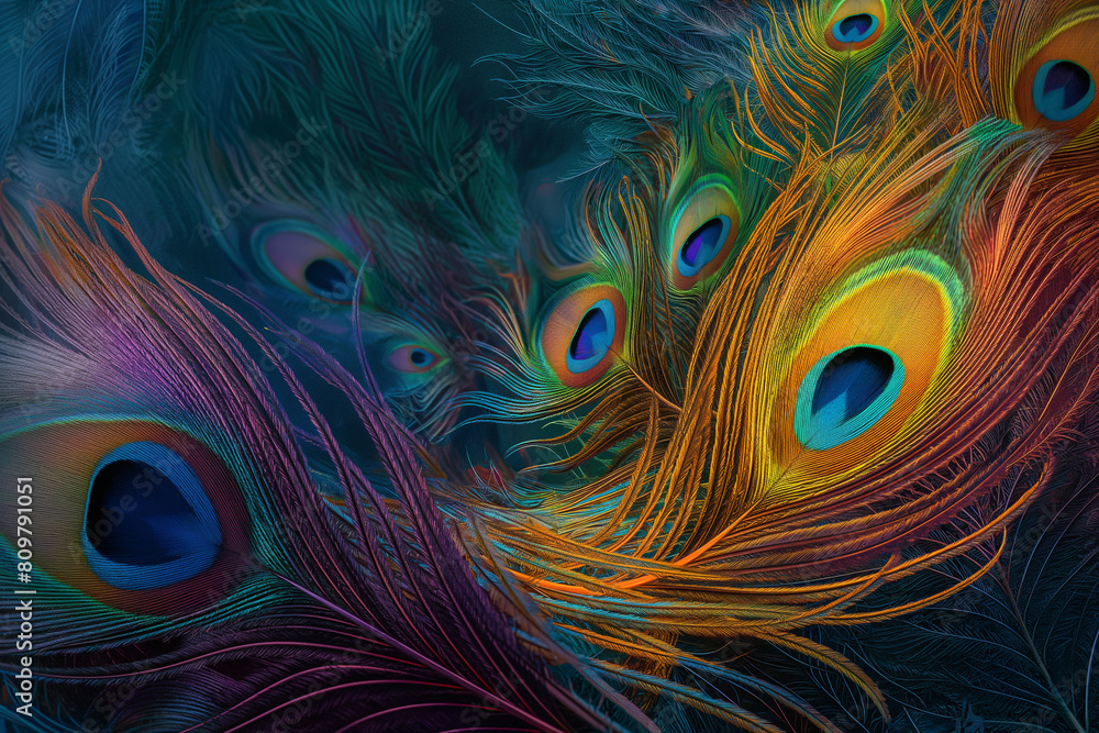 Obraz premium peacock feather closeup, Behold the mesmerizing allure of a beautiful and colorful abstract peacock feather background, adorning your screen like a regal tapestry