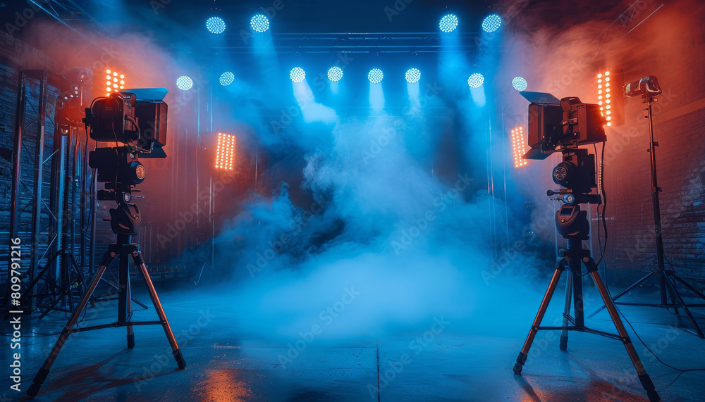 Fototapeta premium A dark room with two tripods and a fog machine by AI generated image