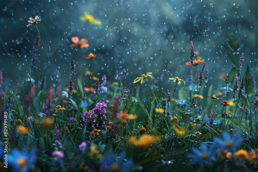 Soft Rain Falling on a Lush Wildflower Meadow in a Dreamy,Atmospheric Landscape