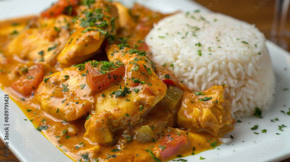 Authentic congolese chicken stew with white rice and fresh herbs, embodying the flavors of central african gastronomy Authentic congolese chicken stew with white rice and fresh herbs, embodying the flavors of central african gastronomy
