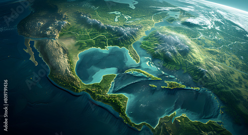 Satellite-style view of the Gulf of Mexico and surrounding landmass. High-detail digital globe rendering. Geography and environmental studies concept for educational materials and posters photo
