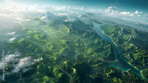 Lush green mountainous terrain with rivers and morning fog. High-detail aerial view digital illustration. Nature and travel concept for poster and wallpaper design