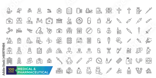 Medical and Pharmaceutical icons. Doctor, research, chemistry testing lab icons.