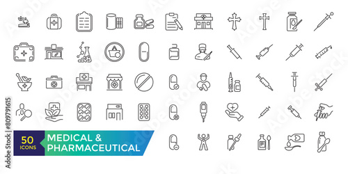 Medical and Pharmaceutical icons. Doctor, research, chemistry testing lab icons.