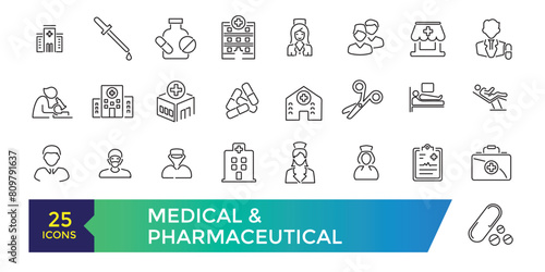 Medical and Pharmaceutical icons. Doctor, research, chemistry testing lab icons.