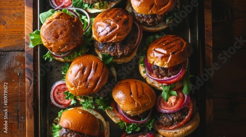 Rotating plate of gourmet sliders in a top-down perspective © Cloudyew