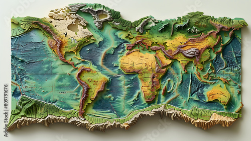 Fototapeta Naklejka Na Ścianę i Meble -  3d world map sculpture. High-detail physical map with relief features. Geography and education concept for design and print