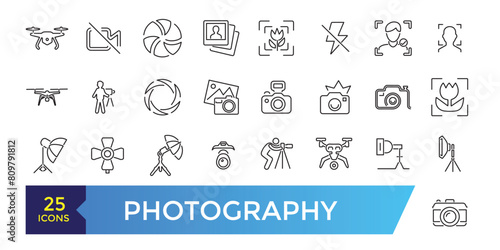 Photography studio and film icon set. Photo lens technology, different digital icon collection.