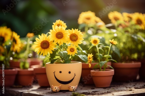 Spirited Smiling flower pot. Potted vase. Generate Ai © juliars